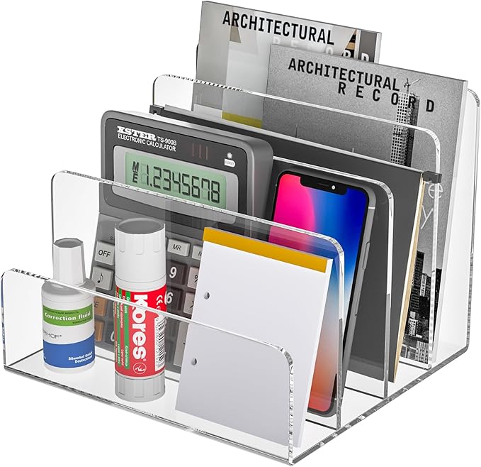 Acrylic File Holder 4 Compartment, Clear Desk File Organizer, Acrylic Organizer for Books, Phone, Ipad, Envelope, Notebook, Calculator