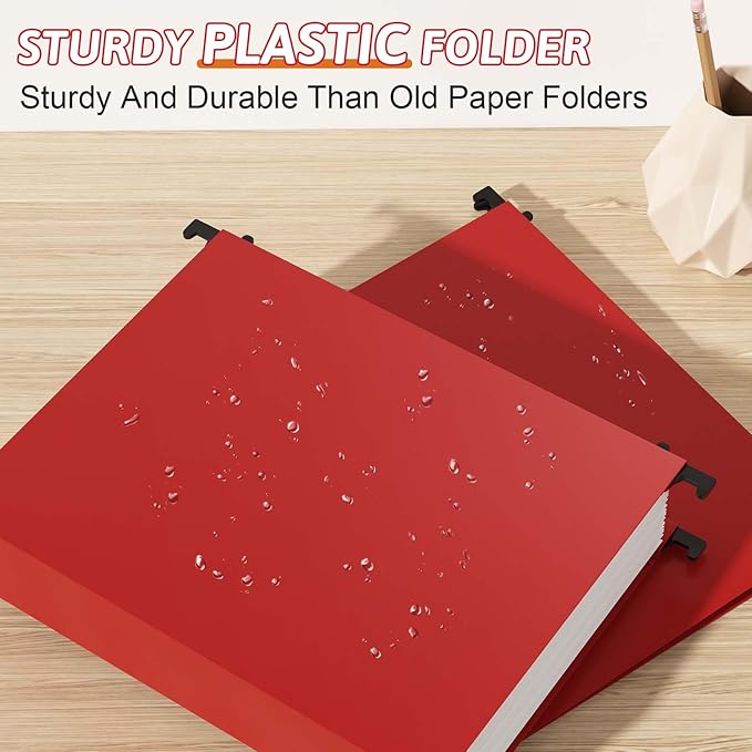 Nordun Plastic Hanging File Folder Extra Capacity,12 Pack Reinforced Hang Folders with Heavy Duty 2 Inch Expansion,Filing Cabinet Folders Letter Size,Hanging Organizer Designed for Bulky Files(Red)