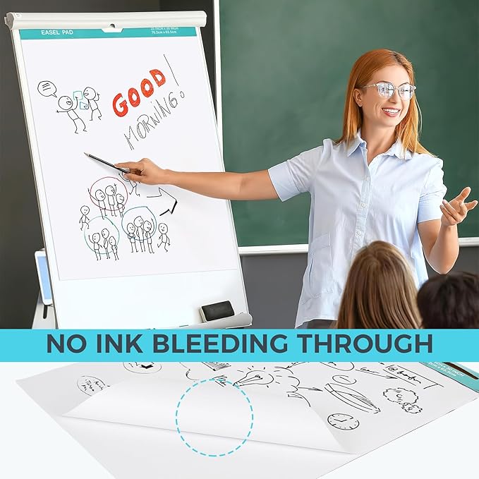FAHKNS Sticky Easel Pad，Large 25x30 Inch Self-Adhesive Teacher'S Flip Chart Paper, Easel Pad with Dry Erase Surface for Classroom/Office, White, 30 Sheets/Pad, 10Pads/Pack, 300 Sheets