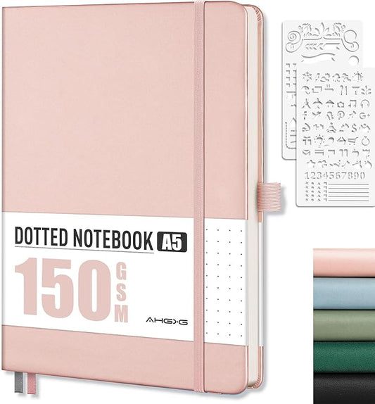 AHGXG Bullet Dotted Journal - 150 GSM Dot Grid Notebook Journal, Thick Acid-Free Paper, A5 Dotted Notebook 128 Pages, Leather Hardcover, Inner Pocket, Journal Stencil, 5.7'' × 8.3'' - Rose Gold