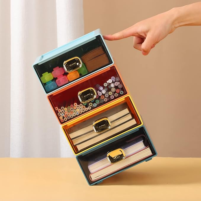 Spacious Desk Drawers, Stackable Desktop Organizer, Plastic Storage Box for Office, School & Home Supplies (2 Middle Drawers, OG & YE)