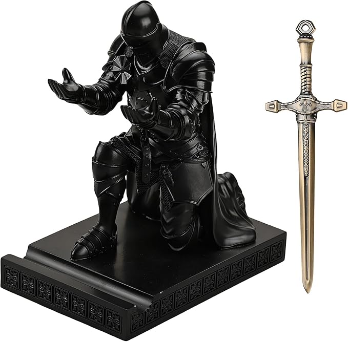 Amoysanli Medieval Armored Warrior Wearing Outerwear, Mobile Phone Stand Knight Pen Holder Desk Organizers, Resin Bookends Paperweight with a Letter Opener for Desk (Black)