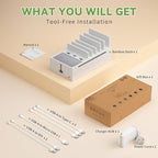 Pezin & Hulin Bamboo Charging Dock Station for Electronic Devices, Docking Organizer for Phone and Tablets, Smart Watch, Earbuds, Power Strip Box (Included 5-Port USB Charger and 5 Cables) -White