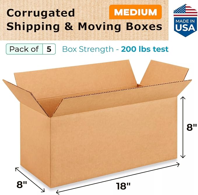 Medium Shipping & Moving Boxes 18 x 8 x 8 inches (5-Pack) - Extra Strength 200 lb vs Regular - Corrugated Medium Moving Boxes, Made in USA - Box for Packaging - Square Box by IDL Packaging