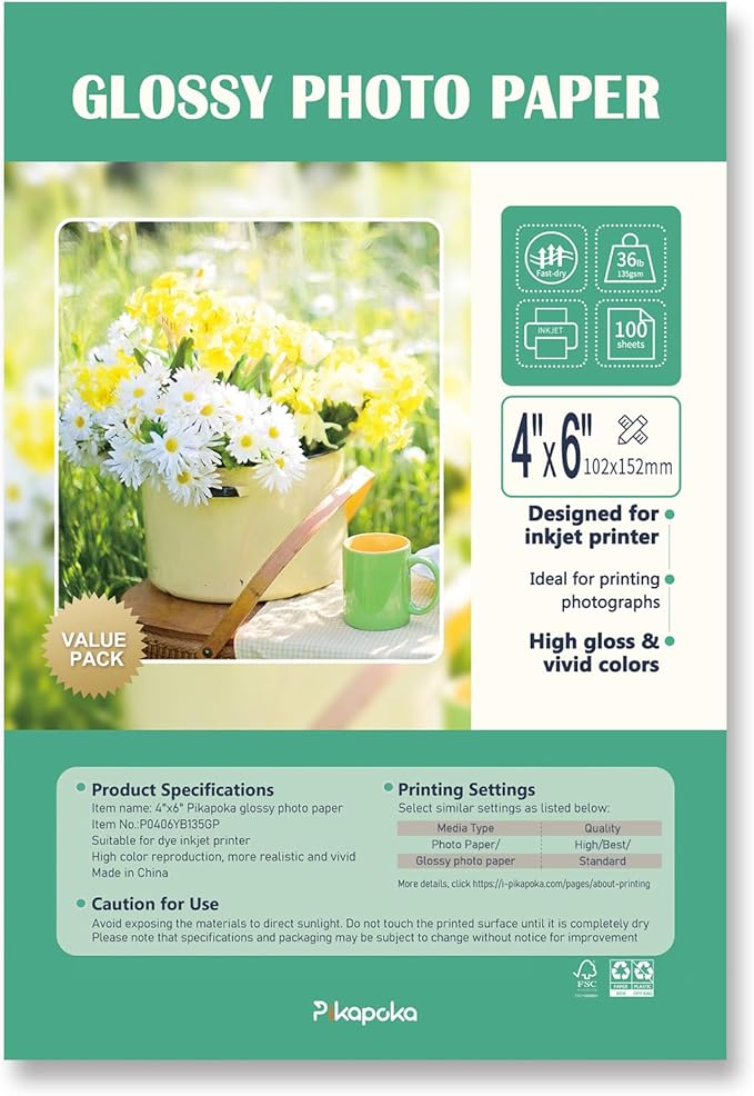 4x6 Glossy Photo Paper for Inkjet Printer, Thin Glossy Photo Paper for Chip Bags, 4R Photo Paper 36 lb, 100 Pack