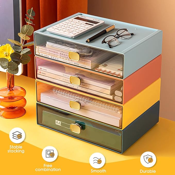 DETEIN 2PACK Stackable Drawer for Desk 6.5"x9"x3" Desktop Storage Organizer with Drawer Plastic Organizer Box Storage Container for Stationery, Makeup, Bathroom (Orange, M - 1 Drawer)