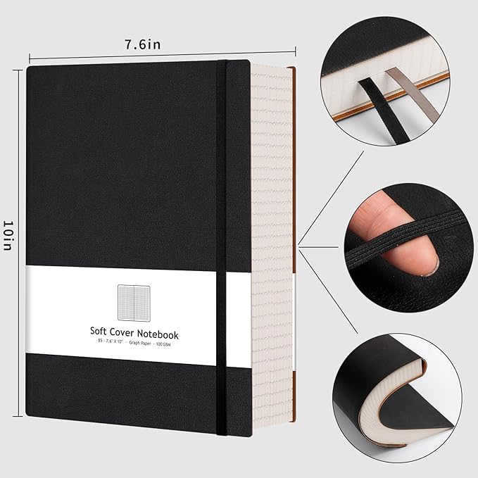 AHGXG Graph Paper Notebook - 320 Pages Grid Paper Notebook Large Journal B5, 100gsm Thick Graph Paper, Leather Softcover, Inner Pocket, 7.6'' X 10''- Black