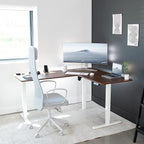 VIVO Electric Corner 63 x 55 inch L-Shaped Standing Desk, Memory Height Adjustment, Dark Walnut Top White Frame, DESK-E3CTWD