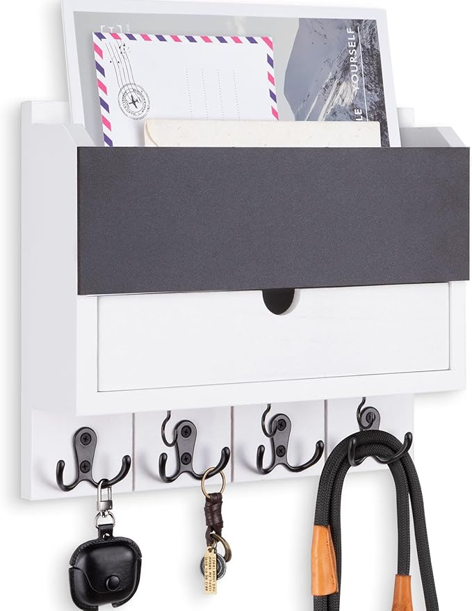 Lucundm Mail and Key Holder Wall Mount with Storage Drawer – Modern Wooden Mail Organizer for Wall Entryway, 7 Key Hooks & Chalkboard Panel – Stylish Home Decor for Apartments, Living Room, Office