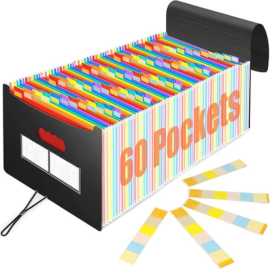 AFMAT Accordian File Organizer, 60 Pockets Large Expanding File Folder Organizer with Blank Labels, Letter/A4 Size Accordion Files Organizers Expandable for Receipt, Bill, Tax, Legal, Paper Filing