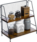 MyGift 2 Tier Premium Acacia Solid Wood Desk Shelf with Industrial Matte Black Metal Mesh Design, Rustic Wooden Desktop Office Supplies Storage Organizer