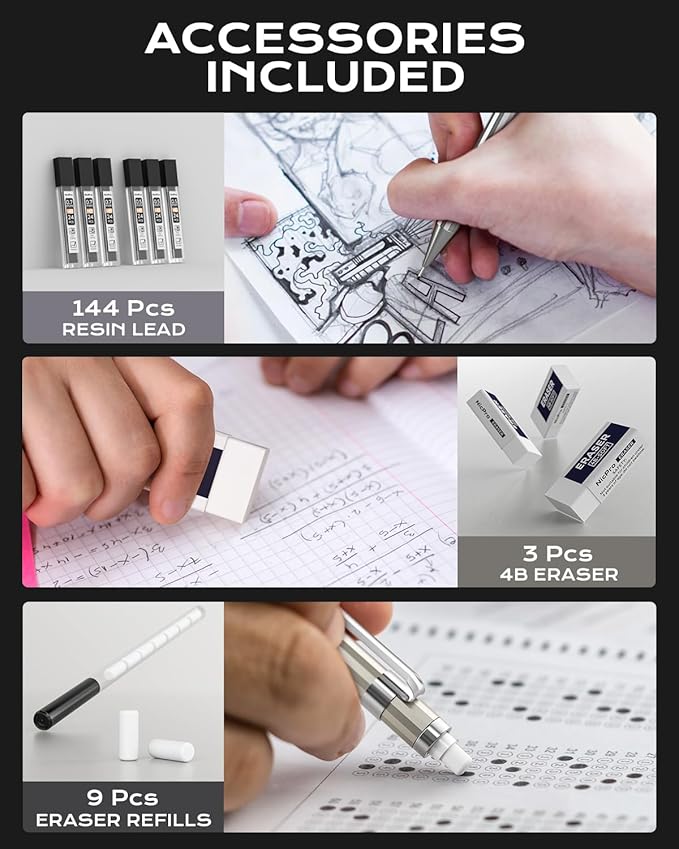 Nicpro 8 Pack 0.5mm & 0.7mm Metal Mechanical Pencil Set, MB1000 Lead Drafting Pencil for Artist Writing, Sketching, Drawing with 6 Tubes HB Lead Refills, 3PCS 4B Eraser, 9PCS Cap Eraser - With Case