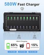 580W USB Charging Station, 20 Port Fast Charging Station for Multiple Devices, Dual PD 45W USB C Charger Block, Smart Power Delivery & Multi Protection for Laptop MacBook iPhone, iPad, Tablet