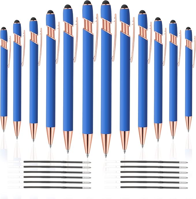 12 PCS 2 in 1 Stylus Ballpoint Pen with Stylus Tip, 1.0 mm Black Ink Metal Pen Stylus Pen for Touch Screens (Rose Gold & Light Blue)
