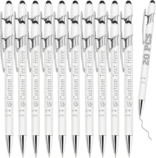 Personalized Pens Bulk 20 with Name Custom Engraving Ballpoint Pens with Stylus Tip Customized Smooth Writing Pens Personalized Gifts for Anniversary Birthday or Graduation(White,Black Ink)