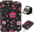 BWEGRHE Cute Credit Card Holder with Zipper, Pink Cherry Blossom RFID-Blocking Card Case Small Wallet for Women Men, Multi-slot Card Organizer Case Travel Accordion Wallet