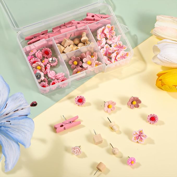 78 Pieces Push Pins Set Cute Thumb Tacks Decorative Flower Push Pins for Wall Cork Board Bulletin Boards with Storage Box（Pink Style）