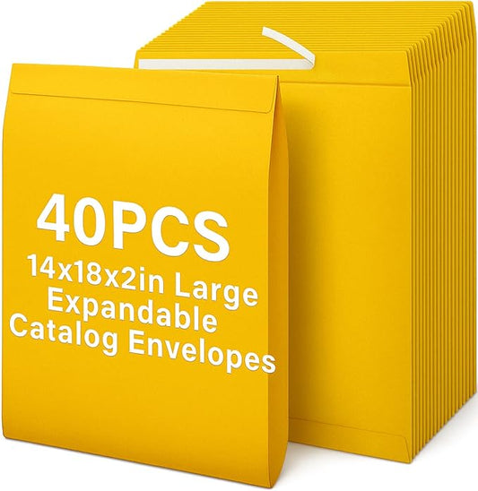 40 Pcs 14 x 18 x 2 Inch Large Expandable Catalog Envelopes Manilla Kraft Peel and Seal Envelopes Light Large Mailing for Office Home Documents Magazines Photos Storage Organizing