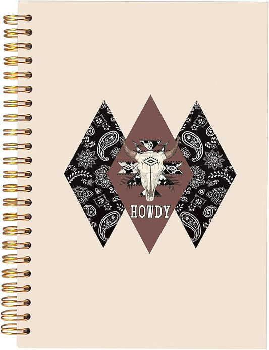 KAOWT Boho Western Howdy Notebook Journal, Rustic Western Cow Skull Notebooks for Note Taking, Country Southwestern Tribal Journal, Cowboy Cowgirl Gifts Hardcover Spiral Notebook 5.5x8.3in