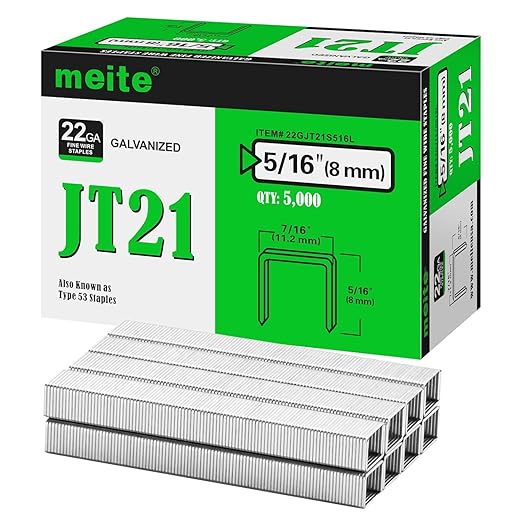 meite JT21 Staples, 5/16 Inch Galvanized Fine Wire Staples for Staple Gun - 7/16" Crown JT21 Staple Refill, Ideal for Upholstery, Crafts, Furniture (5 Boxes)