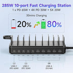 285W Charging Station for Multiple Devices, 10 Ports Fast Multi-Device Charger Organizer Compatible with MacBook Pro Laptop, iPhone, Android, Ipad, Tablet, Kindle, Multi-Device Charging Dock（Black）