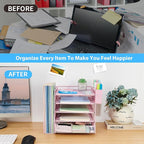 Gugsey Desk Organizer, 5-Tier Paper Letter Tray Organizer with File Holder, Drawer and Pen Holder, Desktop Organizer for Office Supplies, Pink