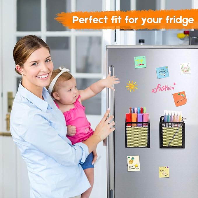Ameceres Magnetic Pencil Holder - Extra Strong Magnets Mesh Marker Holder Perfect for Whiteboard, Refrigerator and Locker Accessories (1 Basket, 2 Packs Black)