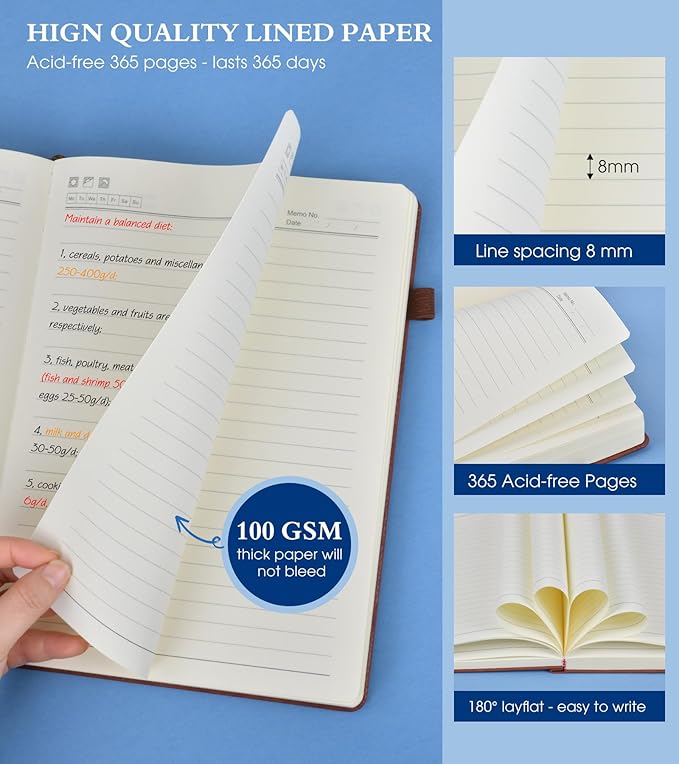 A4 Lined Journal Notebook，365 Page Large Leather Journals for Writing Women Men，Hardcover Notebook with 100Gsm Thick Pages for Travel，Work，School，College Ruled, Daily Diary (8.5" x 11.4")