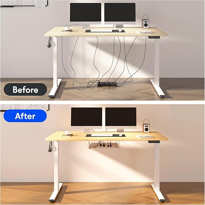 FLEXISPOT EN2Whole-Piece Standing Desk with Clamp Power Strip, 60 x 24 Electric Stand Up Height Adjustable Desk with Cable Management (Black Frame +60" Maple Top, 2 Packages)
