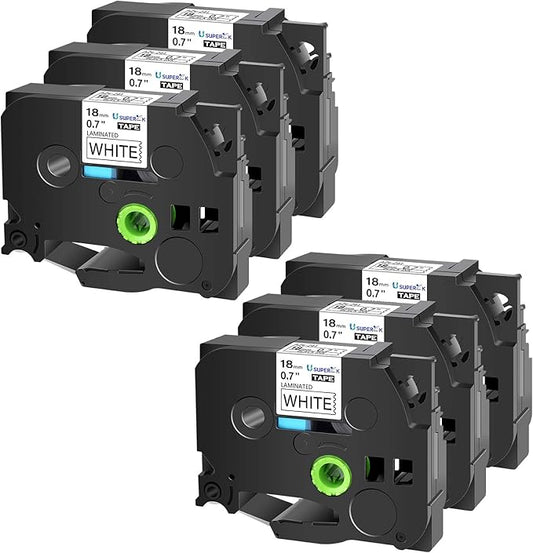 6PK 18mm 0.7'' Laminated White Tape Compatible for Brother P-Touch Label Maker Tape TZe-241 TZe TZ Label Tape TZ-241 TZe241 TZ241 Black on White for PT-D400 D410 D600 D610BT D460BT