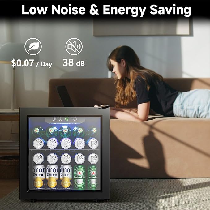 50 Cans Beverage Refrigerator Cooler, 1.3 Cu.Ft Mini Fridge with Glass Door for Soda Beer Drink Wine, Countertop Small Fridge for Bedroom Dorm Office Home Bar, Black