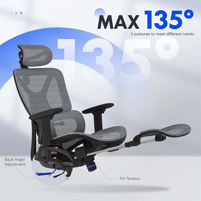 FLEXISPOT ErgoX Premium Ergonomic Office Chair with Footrest- Adjustable 3D Armrests, Dynamic Lumbar Support, Recline & Tilt Function, Mesh Seat, for Home & Office Use,Dark Grey