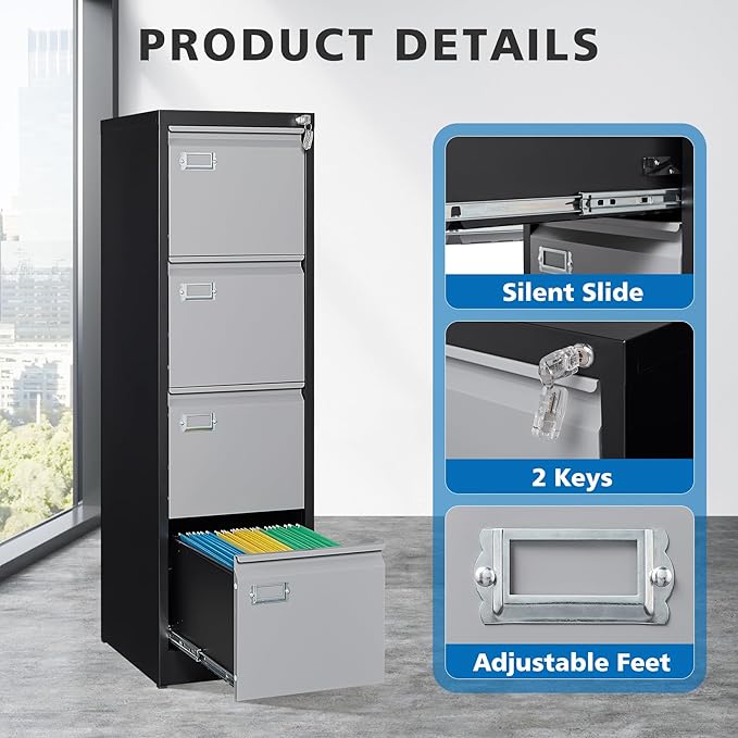 4 Drawer File Cabinet with Lock Metal Vertical Filing Cabinet Office Home Lateral File Cabinet for A4 Legal/Letter Size,Assembly Required (Black Gray, 4 Drawers-Vertical)