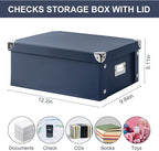 DLUGOPIS 2 Pcs Inch Checks Storage Box with Lid Document Boxes Document Bin Banker Boxes Foldable Receipt Box Storage Navy Blue Cardboard Record Boxes For Business Pesonal Books Files 12"x10"x5"