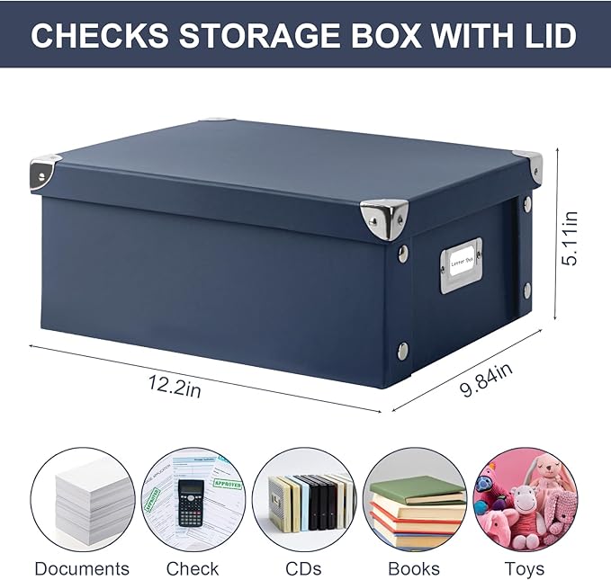 DLUGOPIS 2 Pcs Inch Checks Storage Box with Lid Document Boxes Document Bin Banker Boxes Foldable Receipt Box Storage Navy Blue Cardboard Record Boxes For Business Pesonal Books Files 12"x10"x5"