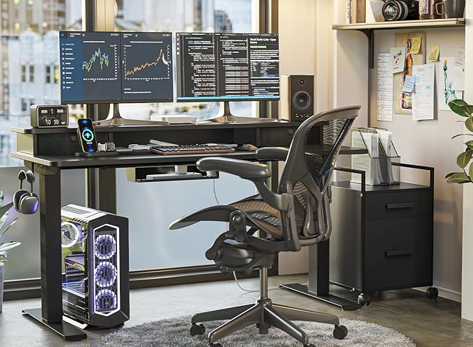 FEZIBO 63 x 28 Inch Deeper Height Adjustable Electric Standing Desk with Double Drawers, Sit Stand Up, Home Office Computer Desk with 4 Height-Adjustable Feets & 2 Hooks, Black Frame/Black Top