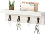 HRONRAD Rustic Key Holder for Wall, Farmhouse Wall Shelf with 4 Hooks, Wall Mounted Key Racks, Wooden Mail Organizer with Hooks for Entryway (White)