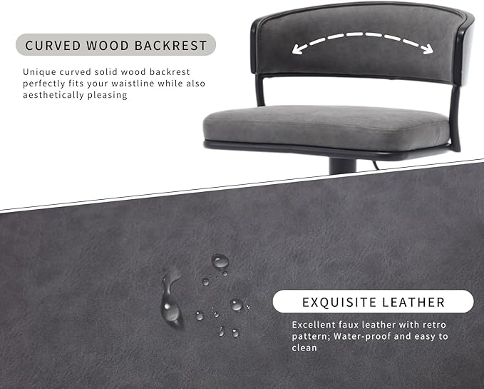 Adjustable Modern Bar Stools Set of 4 Faux Leather Barstools Swivel Counter Height Bar stools with Curved Back/Black Metal Base Comfy Upholstered Bar Chairs for Kitchen Island, Grey