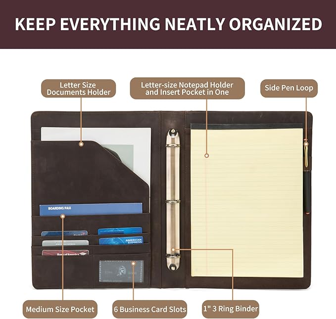 Geslun Genuine Leather 3 Ring Binder, 8.5 x 11 Letter Size Folio with Pen Holder, Soft Notebook Portfolio Cover, Slim Notepad Padfolio Thin File Organizer for Work Executive Meeting, Dark Khaki
