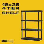 CENTREX CX 4-Tier (53”H x 36”W x 18”D) Plastic Storage Shelving Unit (Black), Heavy Duty, 150lbs Per Shelf Capacity, for Space-Saving Garage, Closet & Laundry Storage with Easy Assembly