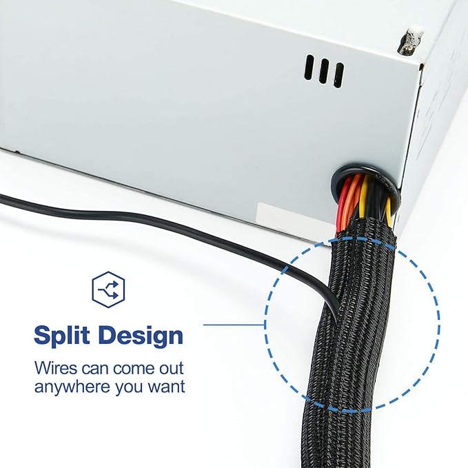 QCSIW 1/4" x 50ft Black Cable Sleeve Cover - Pet-Proof Cord Management System for Home Office Desk, Durable Wire Organizer Protector from Dog Cat Chewing, Flexible Cable Hider (Black)
