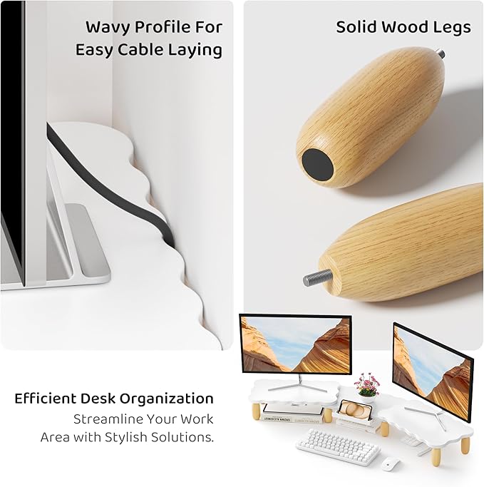 AFOOYO Dual Monitor Riser, Cookie-Shaped Adjustable Length & Swivel Angle, Wooden Desktop Organizer for 2 Monitors,Monitor Stand with Drawer for Laptop, PC, Computer, Printer,White