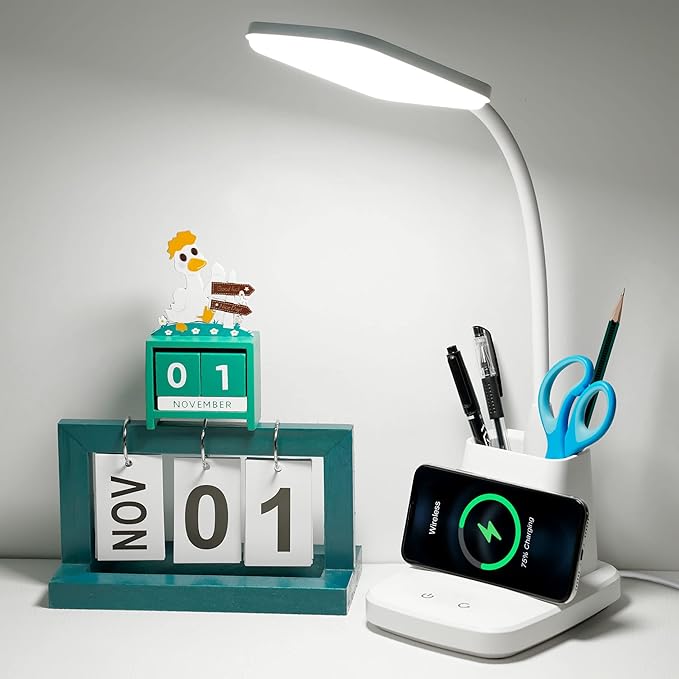 Sailstar Upgraded LED Desk Lamp with Wireless Charger, White Small Desk Light with Pen Holder, 3 Color Modes, CRI 85, 800 Lumen, Study Lamps for College Dorm Room, Home Office, Adapter Included