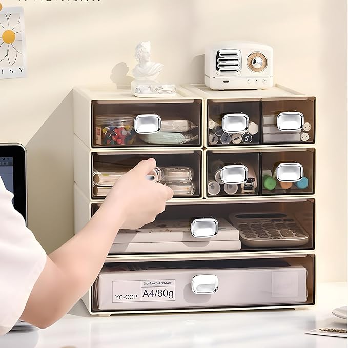 OSteed Spacious Desktop Storage Box, 2 Large Storage Drawers, Stackable Office Desk Drawer Organizer and Accessories, Printer Paper Organizer, Cream Plastic Drawers for Workspace