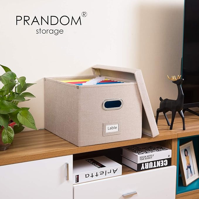 PRANDOM File Organizer Box - Set of 4 Collapsible Decorative Linen Filing Storage Hanging File Folders with Lids Office Cabinet Letter/Legal Size Light Grey (17x14x11.2 inch)