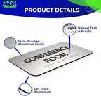 ADASigns Conference Room Sign 7" W x 4" H Durable Brushed Aluminum with Grade 2 Braille - Easy Installation with Double Sided Tape - ADA Compliant conference sign for Office, Universities & Businesses