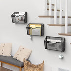 YINGHUA 3 Pack Mesh File Holders Wall Mounted - Durable Metal Hanging Organizer with Hooks - 12.6 Inch Vertical Wall Baskets for Mail Papers Office Home and School Storage - Black