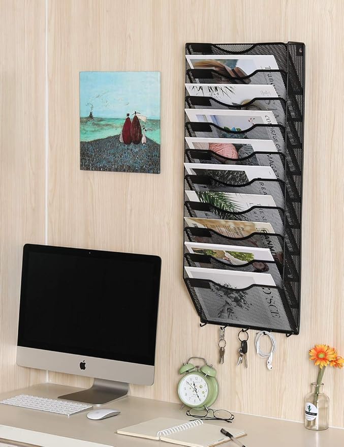 EasyPAG 10 Pocket Mesh Wall File Organizer with Key Hooks, Hanging Paper Folder Holder with Classify Label, Vertical Wall Mount Mail Organizer for Office Home Classroom, Black