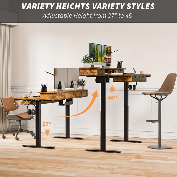 Kingant 63 x 30 Inch Electric Standing Desk with 4 Drawers, Adjustable Height Computer Desk for Home Office, Large Workstation Sit Stand Up Desk with Built-in USB A/C Charging Ports, Rustic Brown