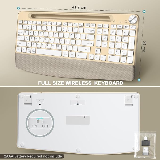 JOYACCESS Ergonomic Wireless Keyboard with Palm Rest & Tilt Angle, 2.4G Full-Size, Comfortable Typing, USB-C Adapter & Phone Holder for Mac/Windows -Gold White